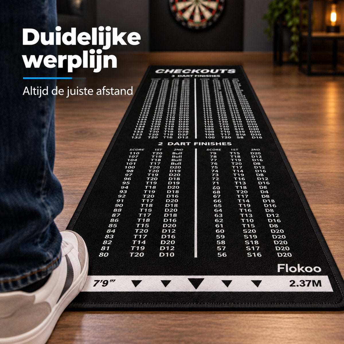 Dartmat met Oche & Checkout Tabel – 237 x 57 cm – Dartmat met Werplijn 2,37 m – 2 & 3 Dart Finishes – Antislip Dartmat – Zwart