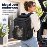 Dierenrugzak voor Kat & Kleine Hond – Uitklapbare Kattenrugzak – Reistas tot 10 kg – Ademend Mesh – 33 x 26 x 40 cm – Transporttas voor Katten en Honden – Zwar