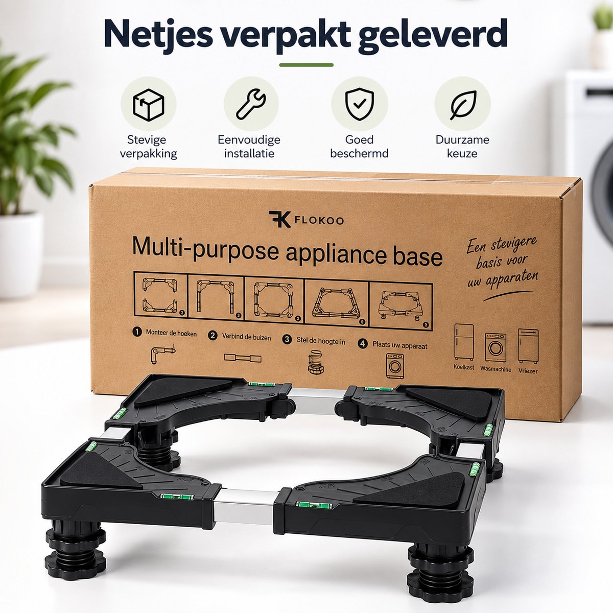 Wasmachine Verhoger Verstelbaar – Wasmachine Onderstel 40-65 cm – Hoogte 10-13 cm – Draagkracht 200 kg – Met Waterpas & Antislip – Voor Wasmachine, Droger en Koelkast