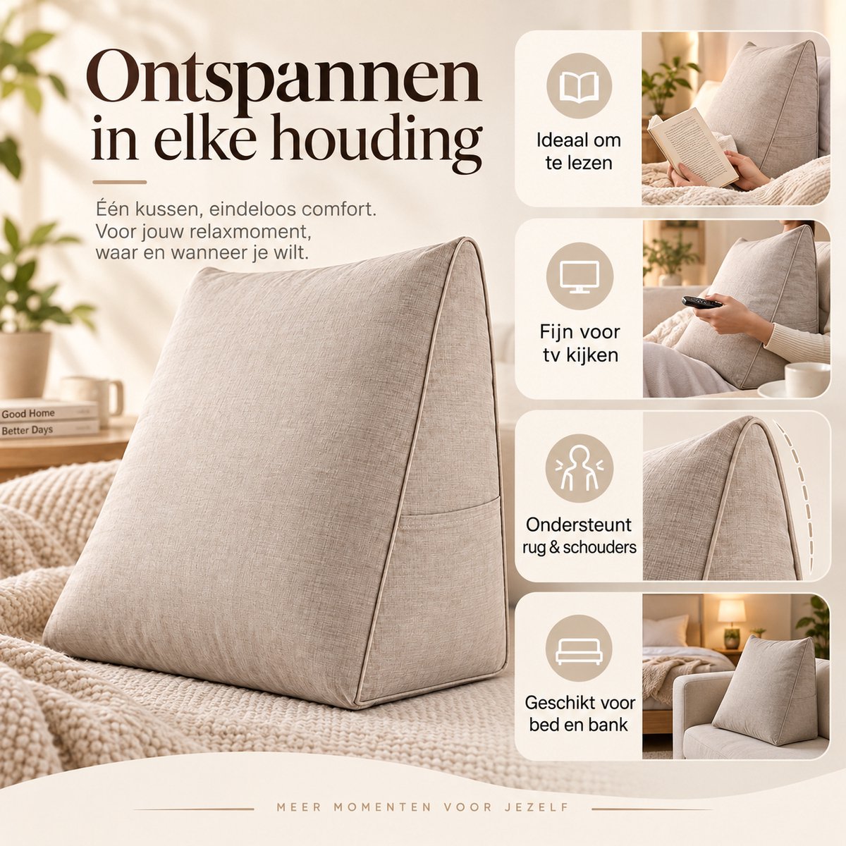 Leeskussen voor Bed & Bank – Rugsteunkussen 60 x 50 x 20 cm – Groot Zitkussen met Rugsteun – Afneembare Hoes & Zijvak – Beige - Book seat