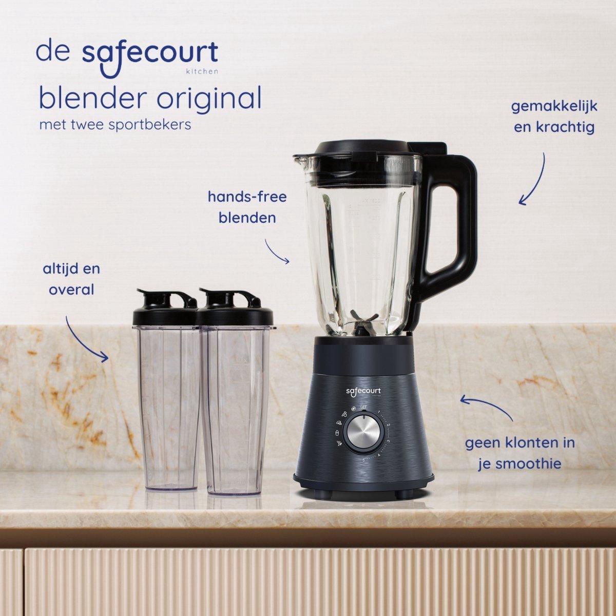 Safecourt Kitchen Power blender - 5 automatische programma's - Smoothie maker - 1300 Watt - Zwart