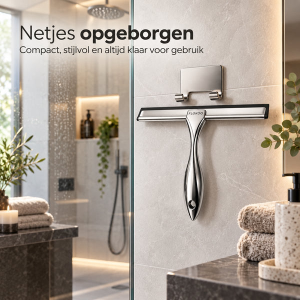 Douchewisser RVS – Raamwisser voor Douche, Glas & Tegels – 25,5 cm Brede Wisser – Inclusief Zelfklevende Ophanghaak – Zilver