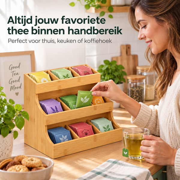 Theezakjes Organizer Bamboe – Theedoos met 12 Vakken – 3-Laags Theerek – Theezakjeshouder voor Aanrecht – Volledig Gemonteerd – 26,7 × 17,3 × 24,1 cm