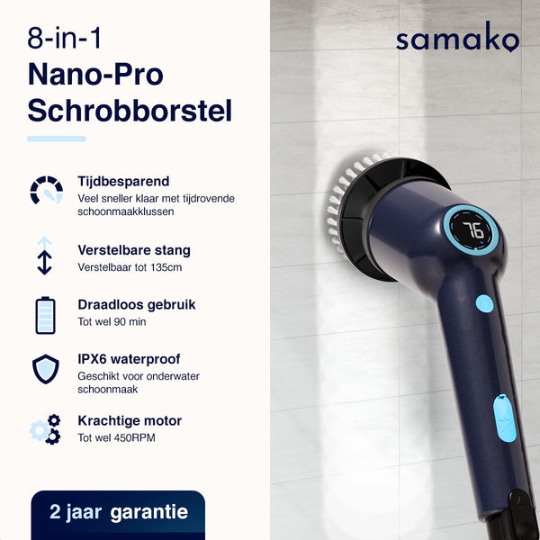 Samako Elektrische Schoonmaakborstel - Elektrische Schrobber - IPX6 waterdichte Schrobborstel met steel - 9 opzetstukken - Poetsmachine - Schrobmachine