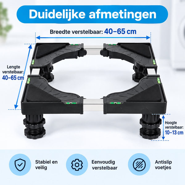 Wasmachine Verhoger Verstelbaar – Wasmachine Onderstel 40-65 cm – Hoogte 10-13 cm – Draagkracht 200 kg – Met Waterpas & Antislip – Voor Wasmachine, Droger en Koelkast