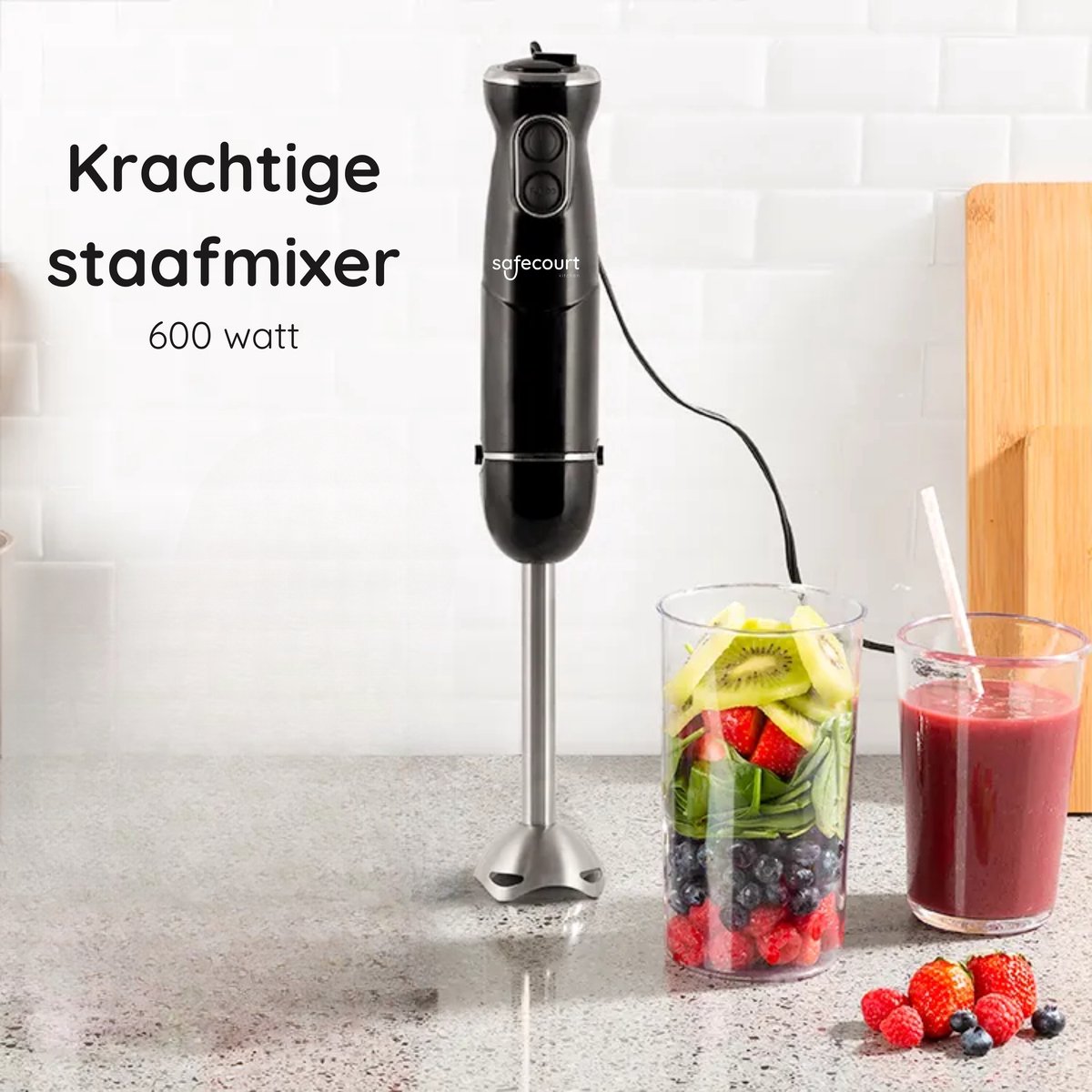 Safecourt Kitchen Staafmixer - 1000W – Roestvrijstaal – Antispat – Ergonomisch – Inclusief Maatbeker