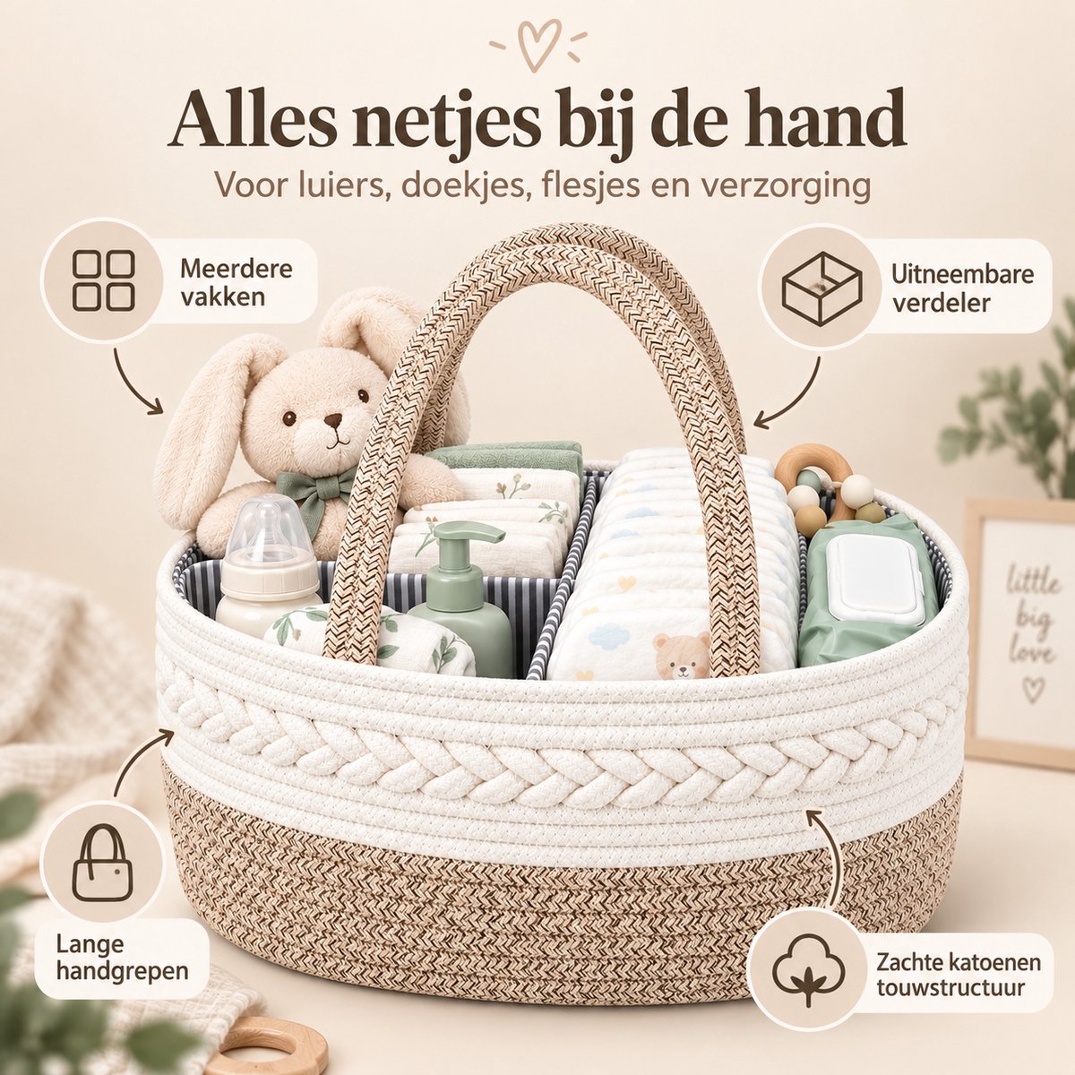 Luiermand voor Commode – Baby Organizer met Uitneembare Vakken – Commodemandje met Handvatten – 36 x 22 x 18 cm – Opbergmand voor Luiers, Doekjes & Babyverzorging – Beige