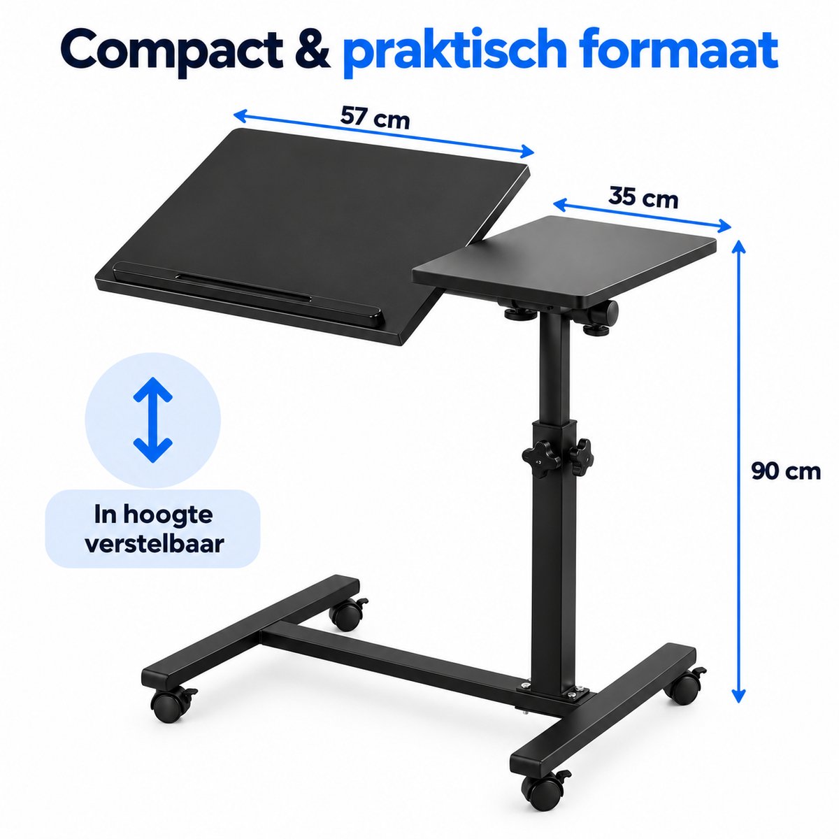 Laptoptafel Verrijdbaar – In Hoogte Verstelbare Laptopstandaard – Kantelbaar Werkblad met Zijtafel – Mobiele Bedtafel op Wielen – 57 cm – Zwart