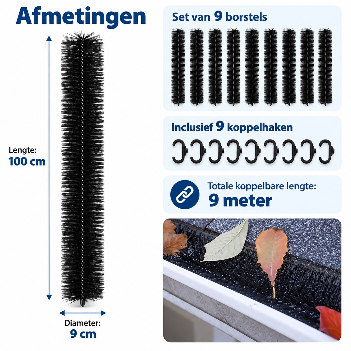 Marterborstel & Dakgootborstel 9 Meter – Marterwering voor Dak en Dakgoot – Bladvanger – 9x 100 cm – Ø 9 cm – Inclusief Koppelhaken – Zwart