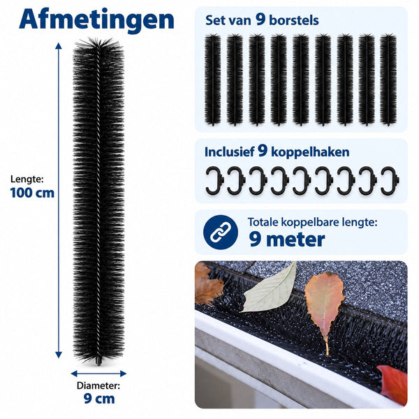Marterborstel & Dakgootborstel 9 Meter – Marterwering voor Dak en Dakgoot – Bladvanger – 9x 100 cm – Ø 9 cm – Inclusief Koppelhaken – Zwart