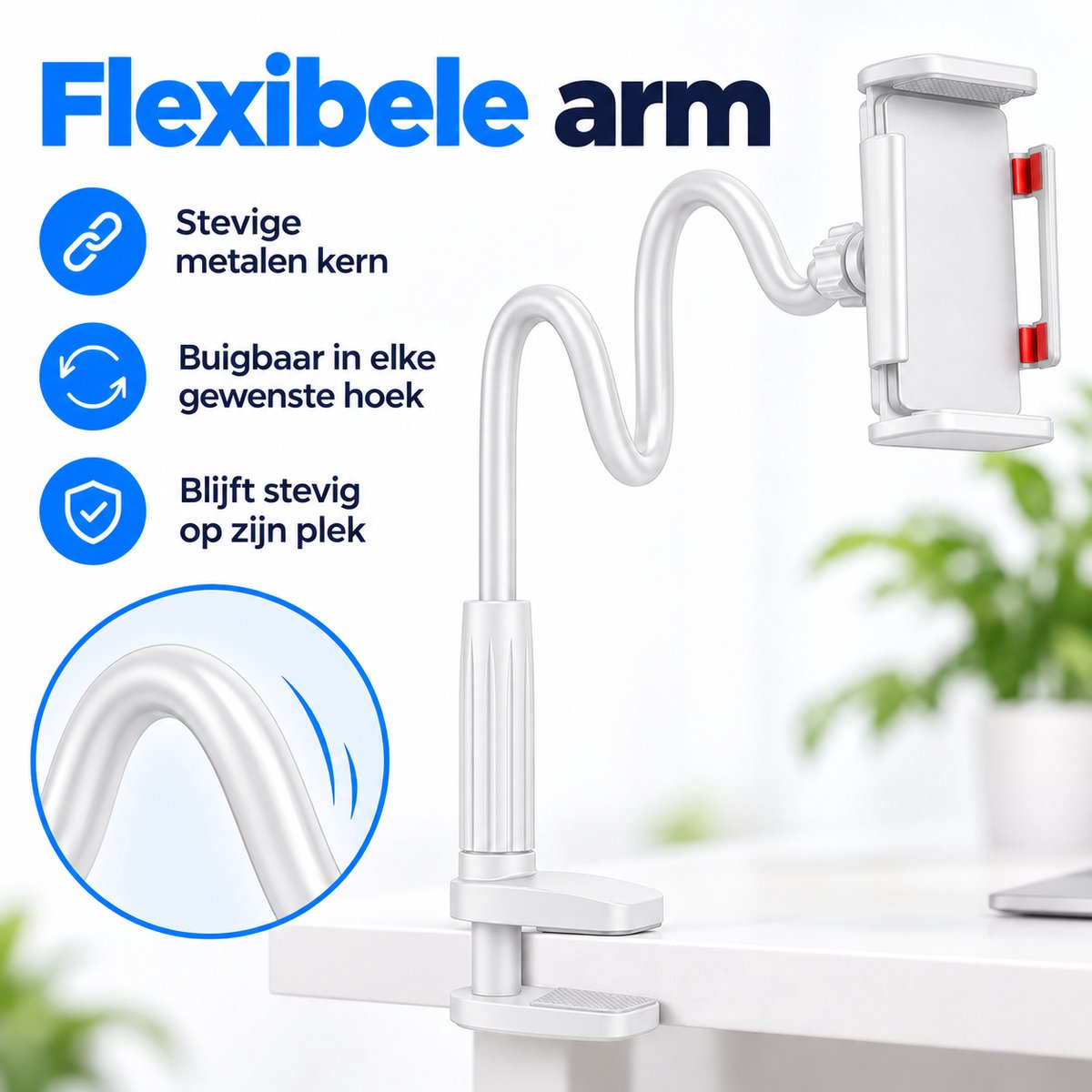 Telefoonhouder Bureau met Flexibele Arm – Telefoon- & Tablethouder met Tafelklem – 76 cm Verstelbare Arm – Voor Bed, Bureau & Tafel – Wit