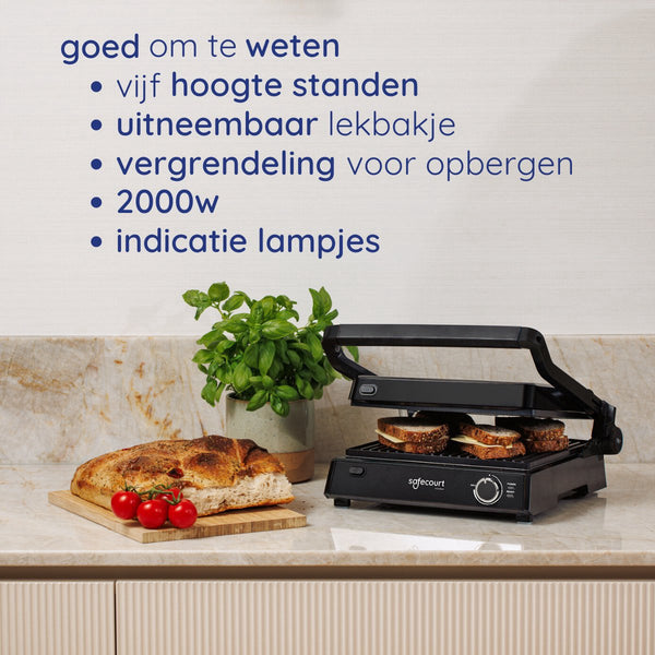 Safecourt Kitchen - Contactgrill 3-in-1 - Tosti-apparaat, Tosti-ijzer & Grillplaat - Uitneembare Platen - PFAS-Vrij - Zwart