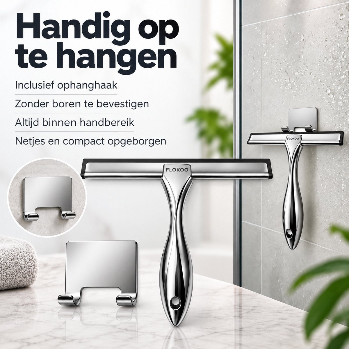 Douchewisser RVS – Raamwisser voor Douche, Glas & Tegels – 25,5 cm Brede Wisser – Inclusief Zelfklevende Ophanghaak – Zilver