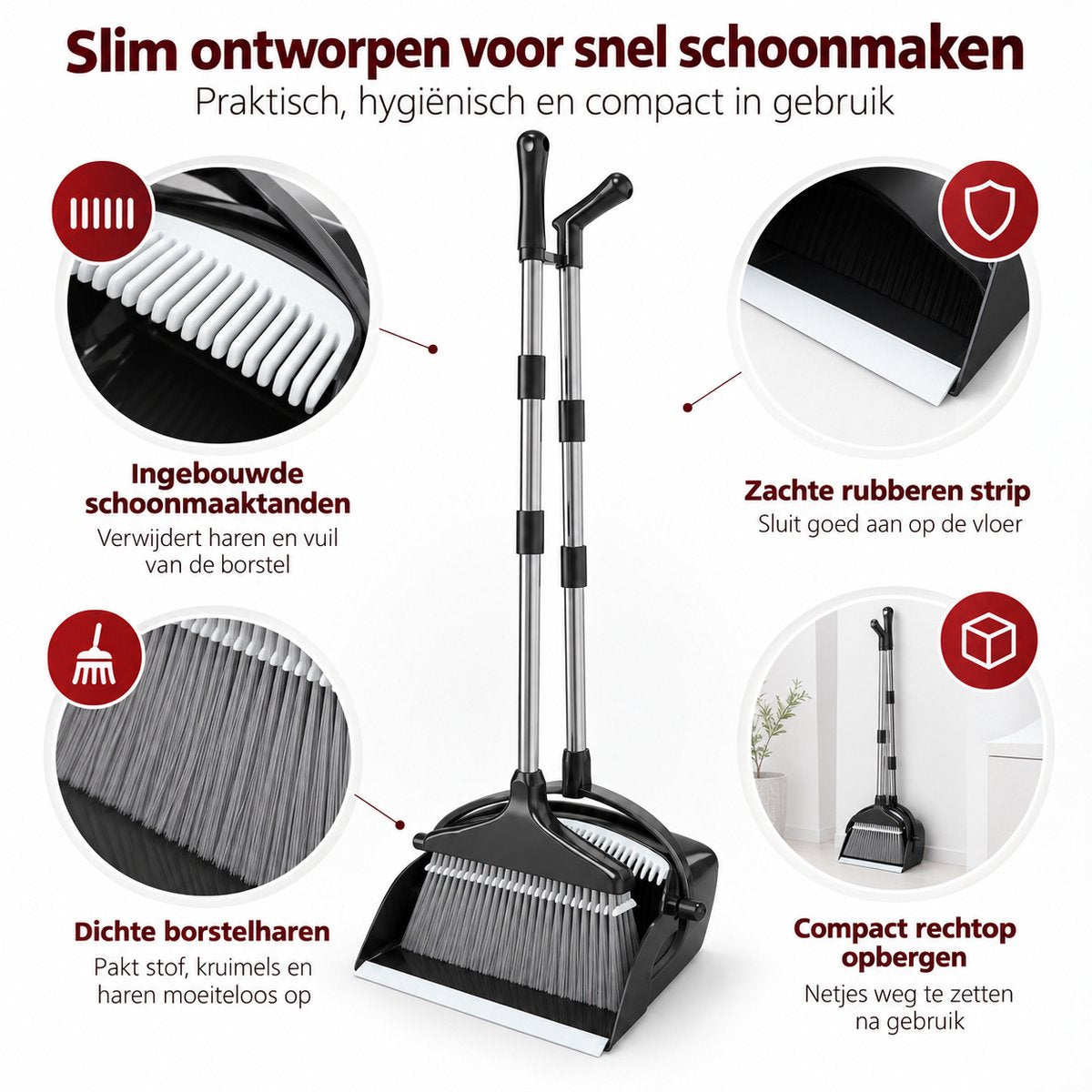 Bezem met Stofblik en Lange Steel – Bezem en Blik Set – Telescopisch & Zelfreinigend – Staande Stoffer en Blik – Voor Haren, Stof en Kruimels – Zwart
