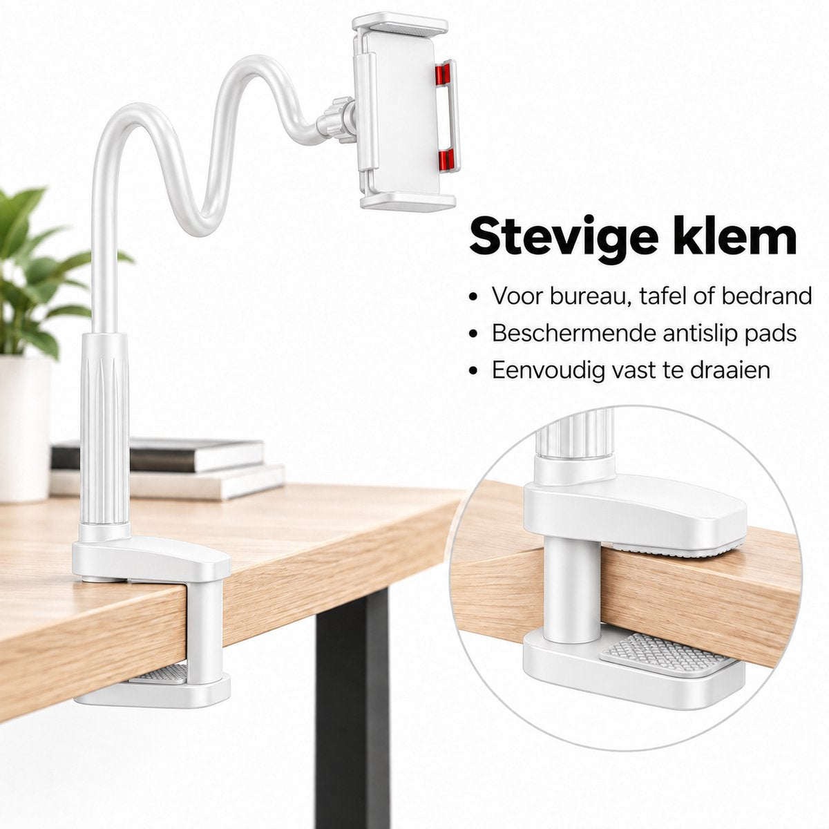 Telefoonhouder Bureau met Flexibele Arm – Telefoon- & Tablethouder met Tafelklem – 76 cm Verstelbare Arm – Voor Bed, Bureau & Tafel – Wit