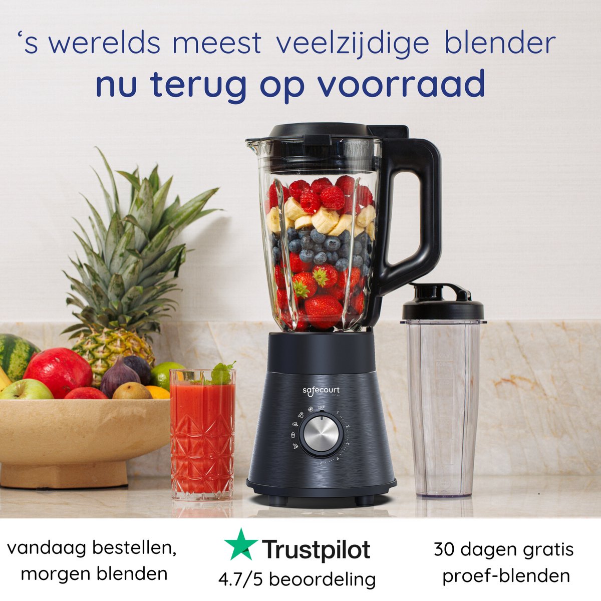 Safecourt Kitchen Power blender - 5 automatische programma's - Smoothie maker - 1300 Watt - Zwart