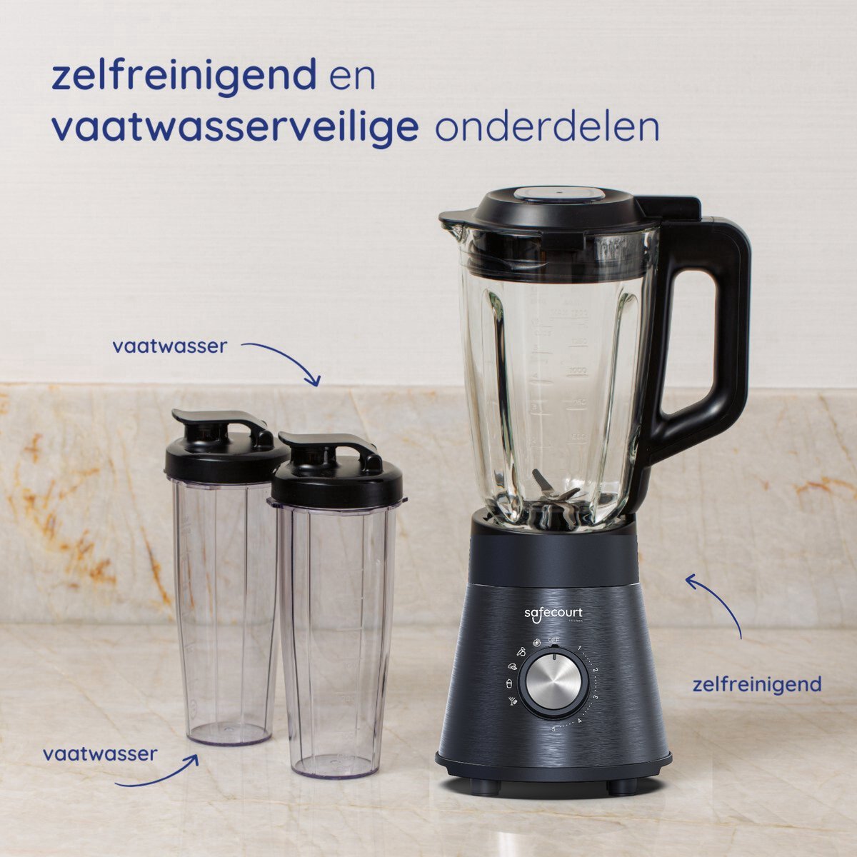 Safecourt Kitchen Power blender - 5 automatische programma's - Smoothie maker - 1300 Watt - Zwart