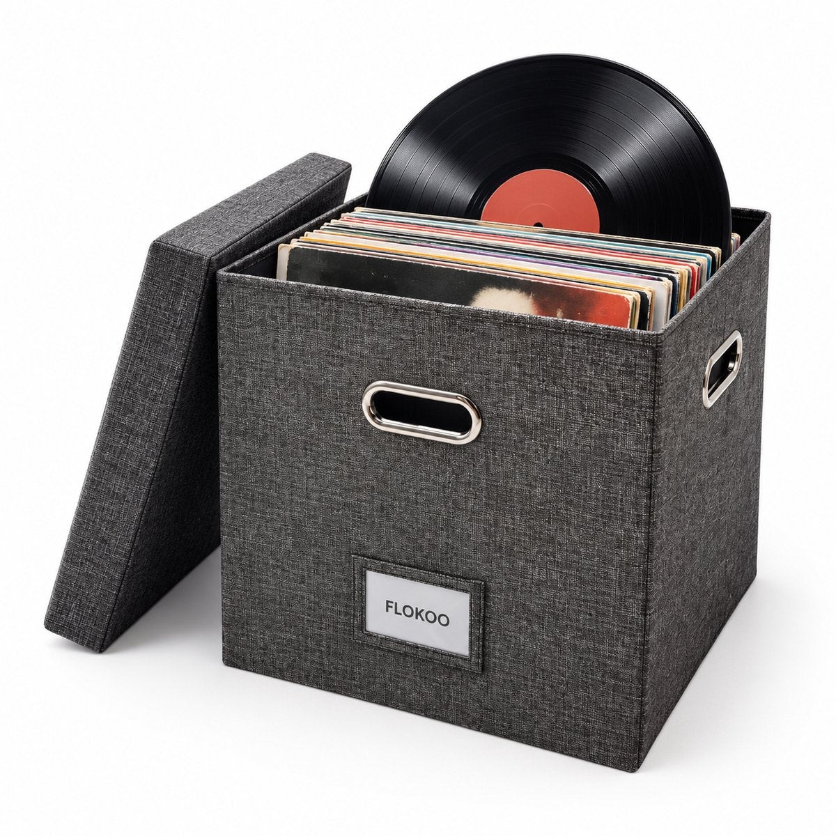 LP Opbergsysteem - Opbergbox met Deksel – Vinyl Opbergbox voor 50+ Platen – 33 x 33 x 33 cm – Platenkoffer met Handgrepen & Labelhouder – Donkergrijs