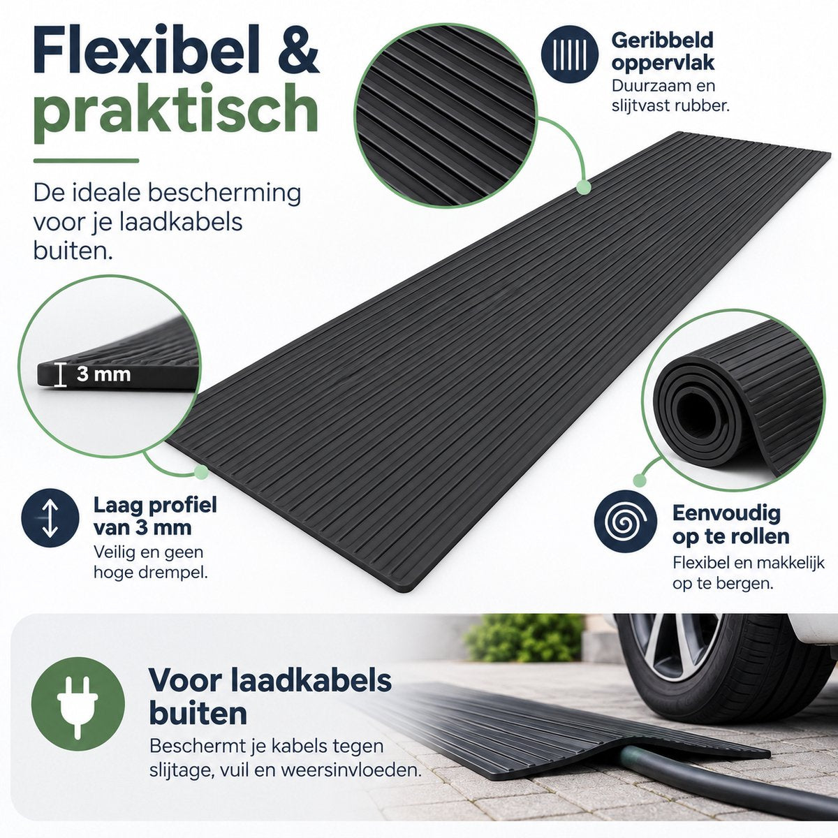 Kabelmat voor Vloer – Kabelbeschermer voor Laadkabel & Verlengsnoer – Oprolbare Kabelbrug – 3 mm Dik – Zwart – 120 X 40 cm