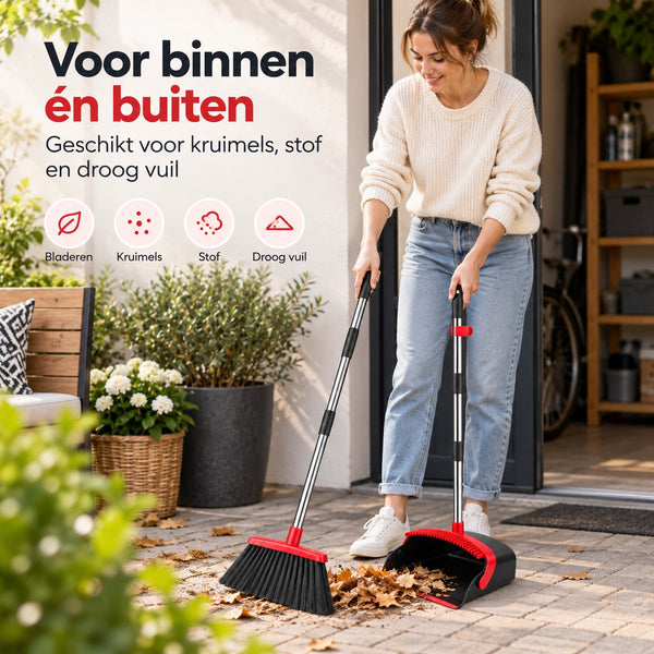 Bezem met Stofblik en Lange Steel – Bezemset met Verstelbare Steel – Staand Vegen Zonder Bukken – Stoffer en Blik met Reinigingskam – Rood-Zwart
