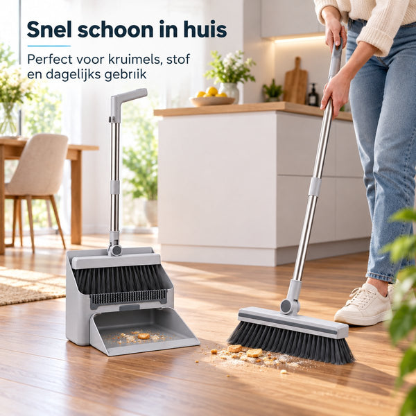 Bezem en Stoffer en Blik met Lange Steel – 4-in-1 Schoonmaakset – Staand Stofblik met Schoonmaaktanden – Vloerborstel met 180° Draaibare Kop – Compact Opbergbaar – Grijs