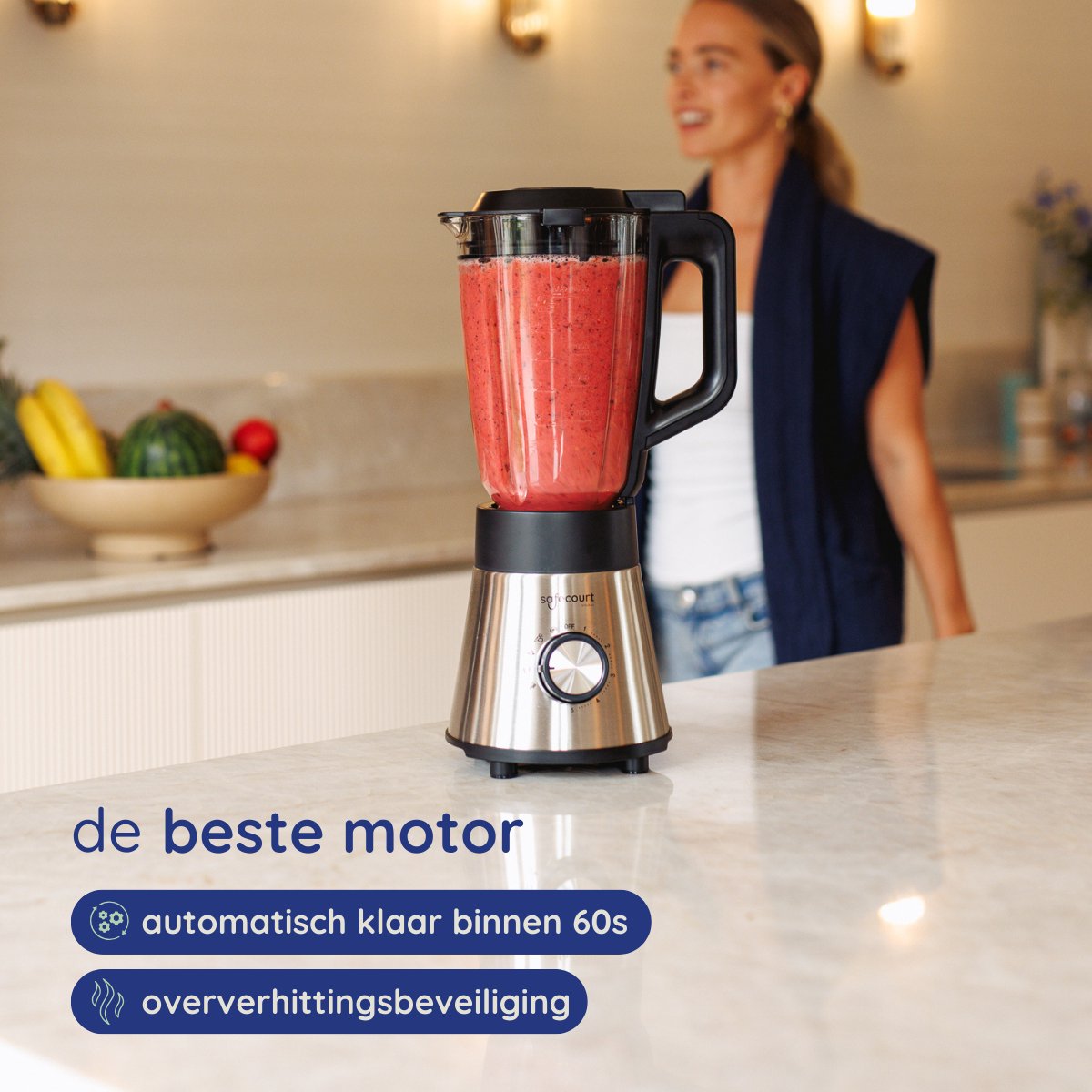 Safecourt Kitchen Power blender - 5 automatische programma's - Smoothie maker - +2 to go cups - RVS