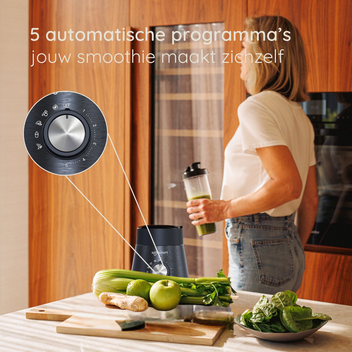 Safecourt Kitchen Power blender - 5 automatische programma's - Smoothie maker - 1300 Watt - Zwart