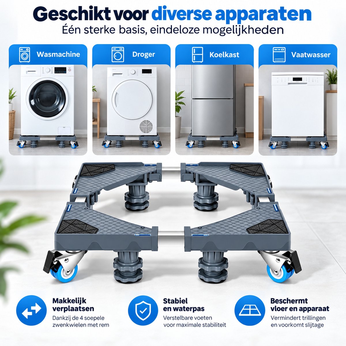 Verstelbare Wasmachine Onderzetter met Wielen – 42 tot 75 cm – Verrijdbare Wasmachine Verhoger – Met Rem, Stelpoten & Anti-Slip – Voor Wasmachine, Droger en Koelkast