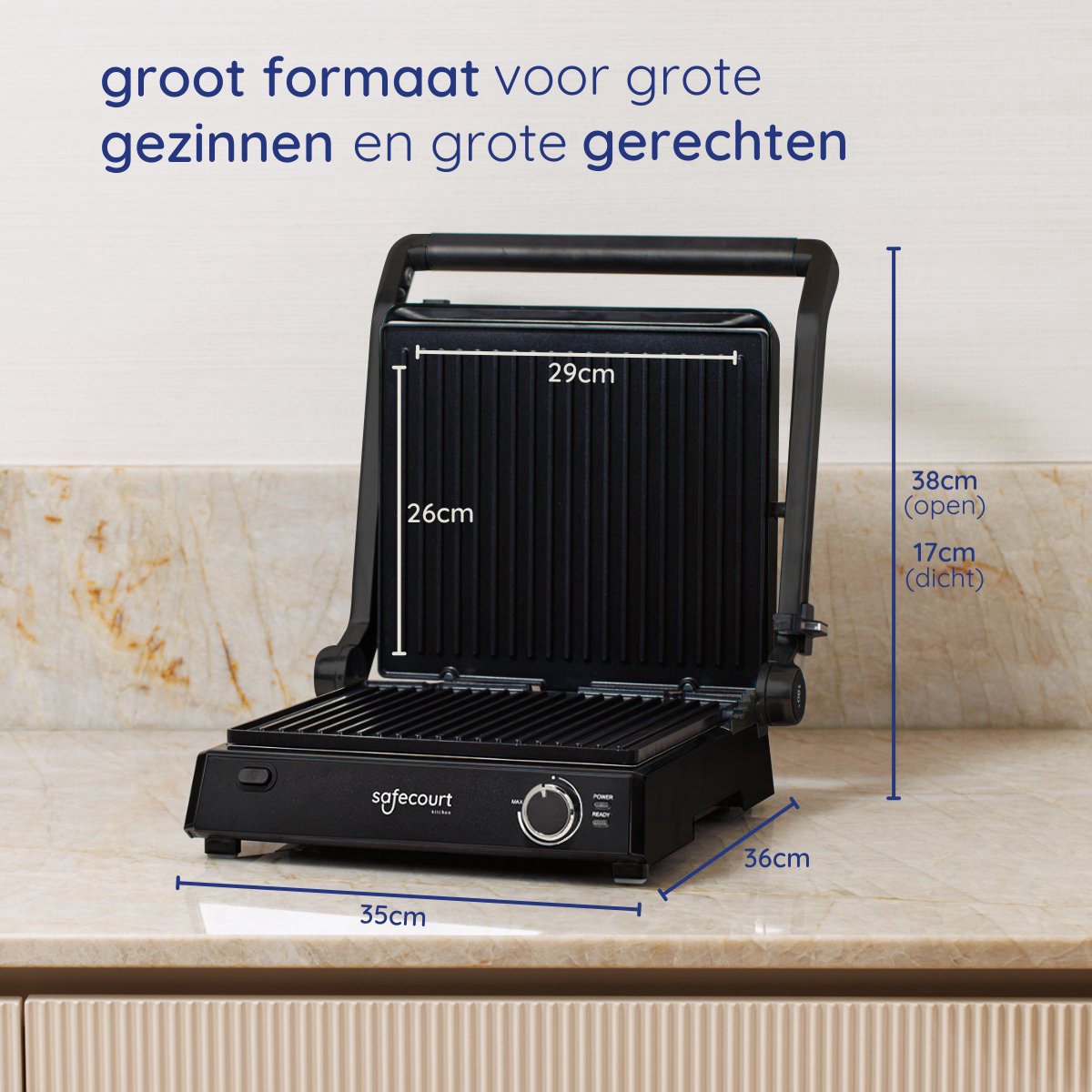 Safecourt Kitchen - Contactgrill 3-in-1 - Tosti-apparaat, Tosti-ijzer & Grillplaat - Uitneembare Platen - PFAS-Vrij - Zwart