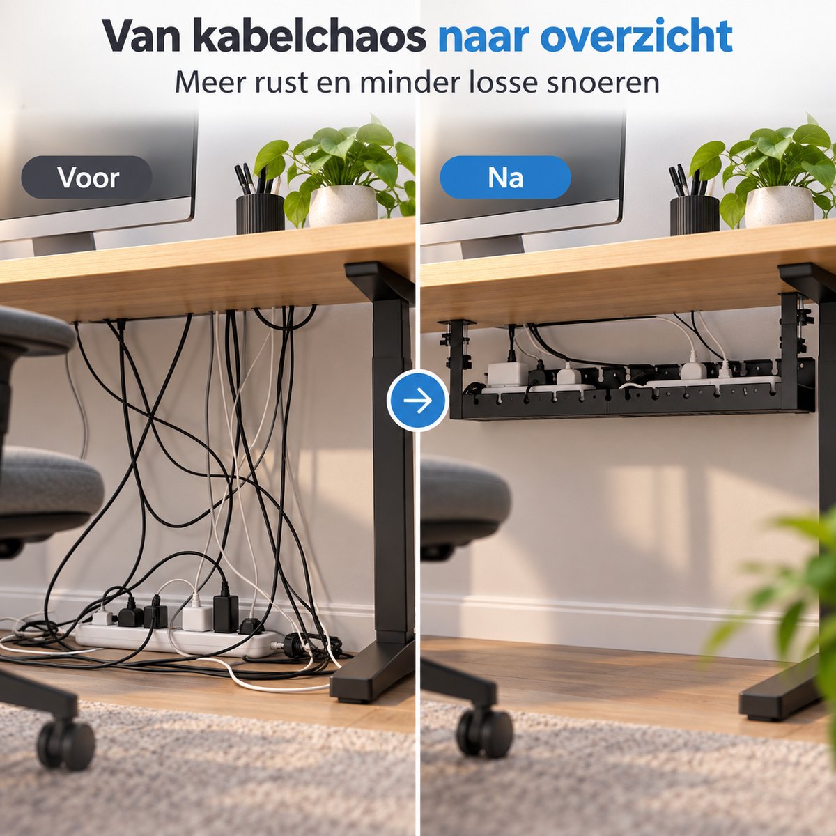 Kabelgoot Bureau – Verstelbare Kabelmanagement Tray 40-78 cm – Kabelbak Onder Bureau Zonder Boren – Met Klembevestiging – Voor Stekkerdoos, Adapters & Kabels – Zwart