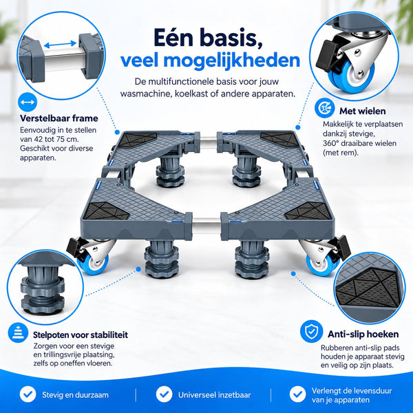 Verstelbare Wasmachine Onderzetter met Wielen – 42 tot 75 cm – Verrijdbare Wasmachine Verhoger – Met Rem, Stelpoten & Anti-Slip – Voor Wasmachine, Droger en Koelkast