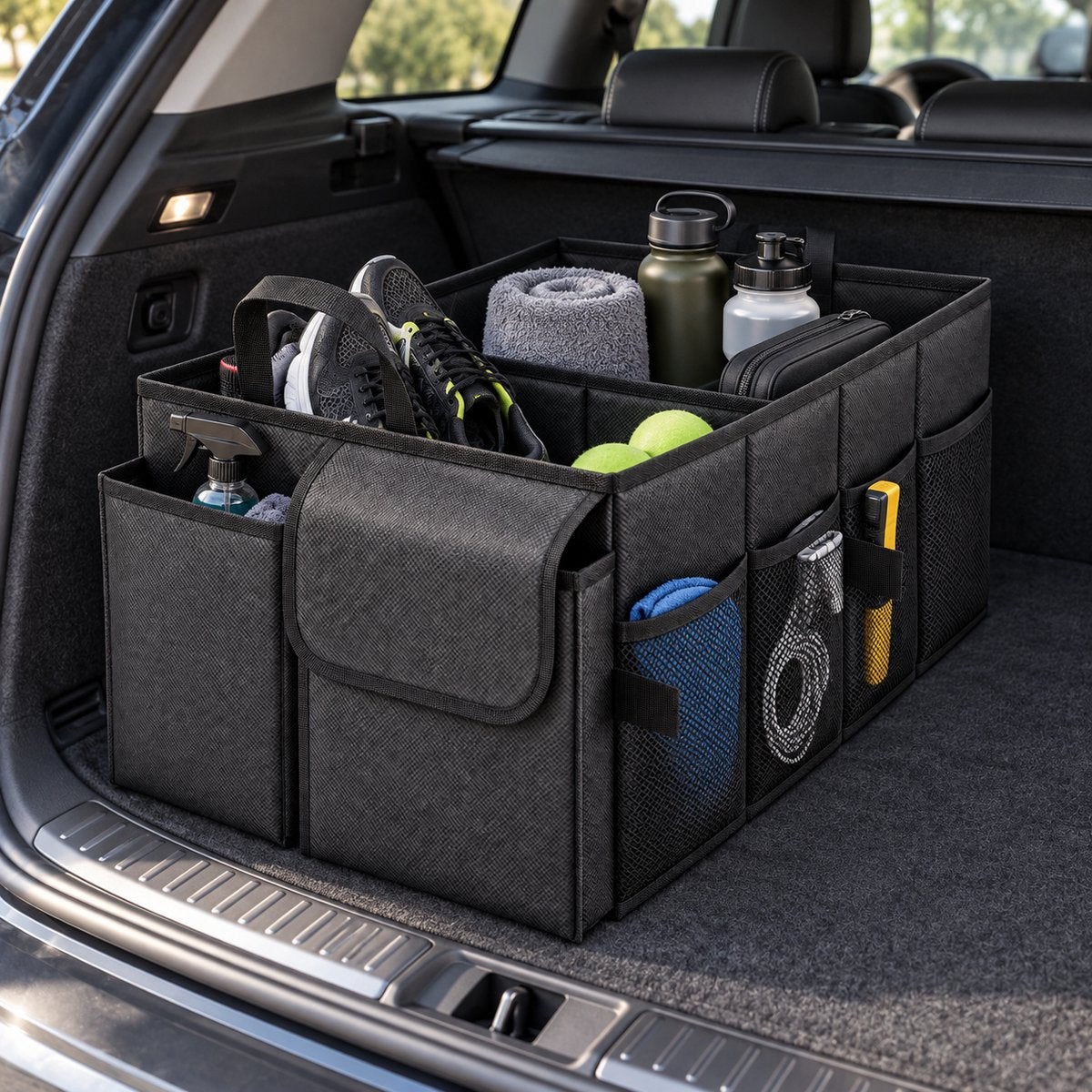 Kofferbak Organizer – Auto Organizer Opvouwbaar – 55 x 34 x 28 cm – Met Meerdere Vakken, Zijvakken & Handvatten – Boodschappenkrat voor Auto – Zwart
