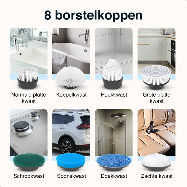Samako Elektrische Schoonmaakborstel - Elektrische Schrobber - IPX6 waterdichte Schrobborstel met steel - 9 opzetstukken - Poetsmachine - Schrobmachine