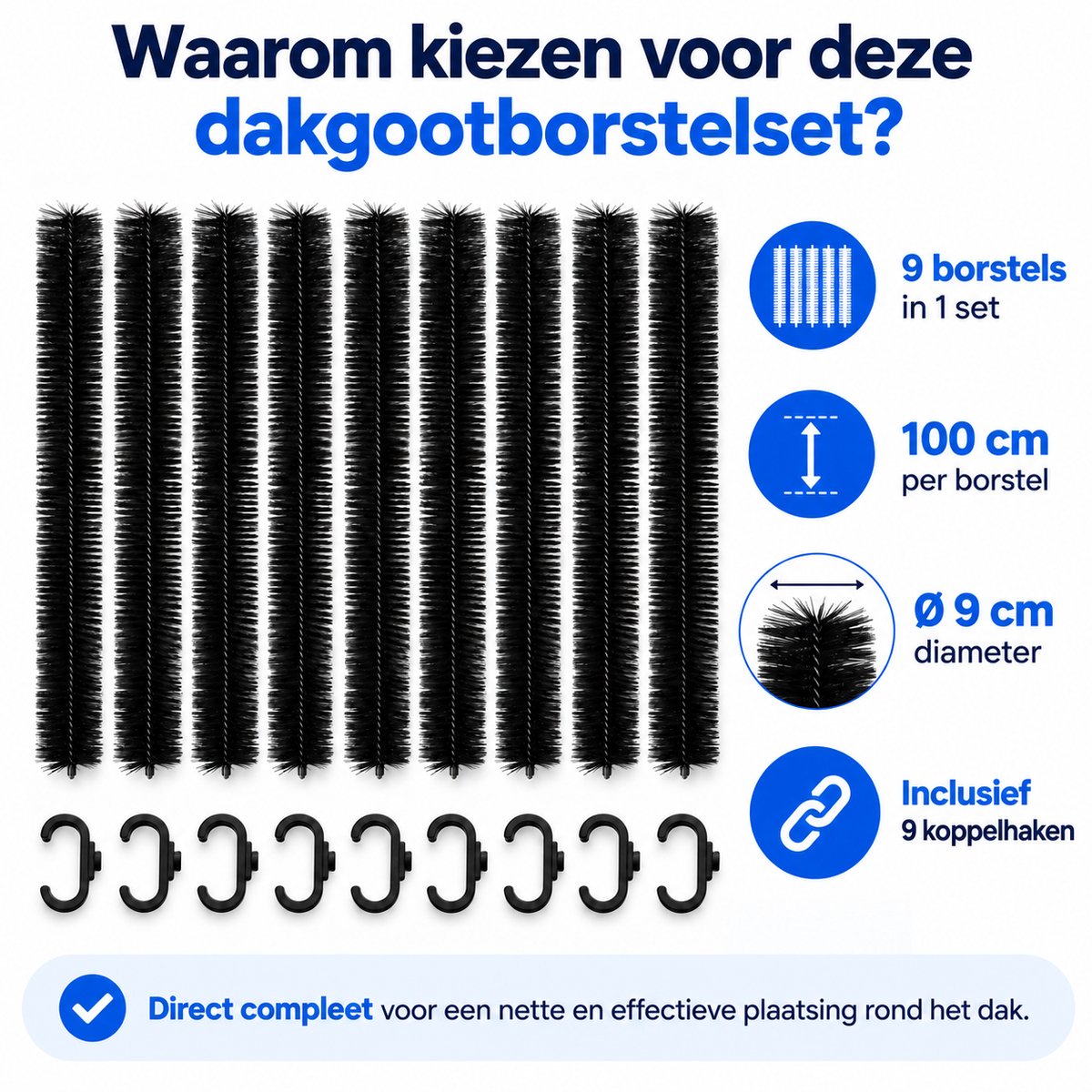 Marterborstel & Dakgootborstel 9 Meter – Marterwering voor Dak en Dakgoot – Bladvanger – 9x 100 cm – Ø 9 cm – Inclusief Koppelhaken – Zwart