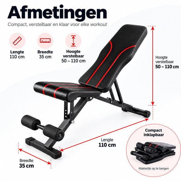 Verstelbare Fitnessbank – Opvouwbare Trainingsbank voor Thuis – Halterbank met Verstelbare Rugleuning – Incline & Flat Bench – Buikspierbank met Beenrollen – Zwart-Rood