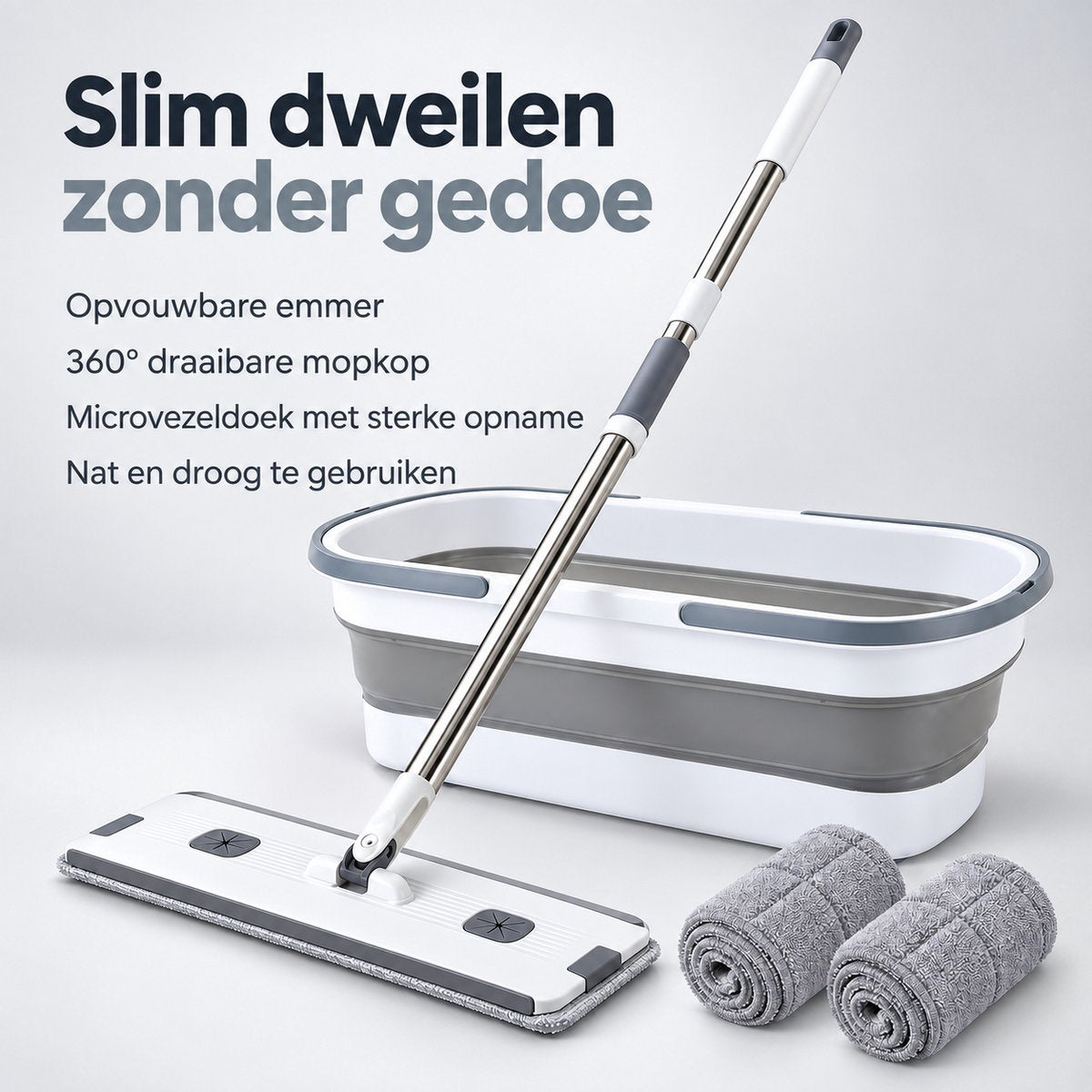 Dweilset met Emmer – Vlakmop met Opvouwbare Emmer – 360° Draaibare Mop – Telescopische Steel 127 cm – Inclusief 2 Microvezeldoeken – Wit-Grijs - Dwijl