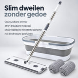 Dweilset met Emmer – Vlakmop met Opvouwbare Emmer – 360° Draaibare Mop – Telescopische Steel 127 cm – Inclusief 2 Microvezeldoeken – Wit-Grijs - Dwijl