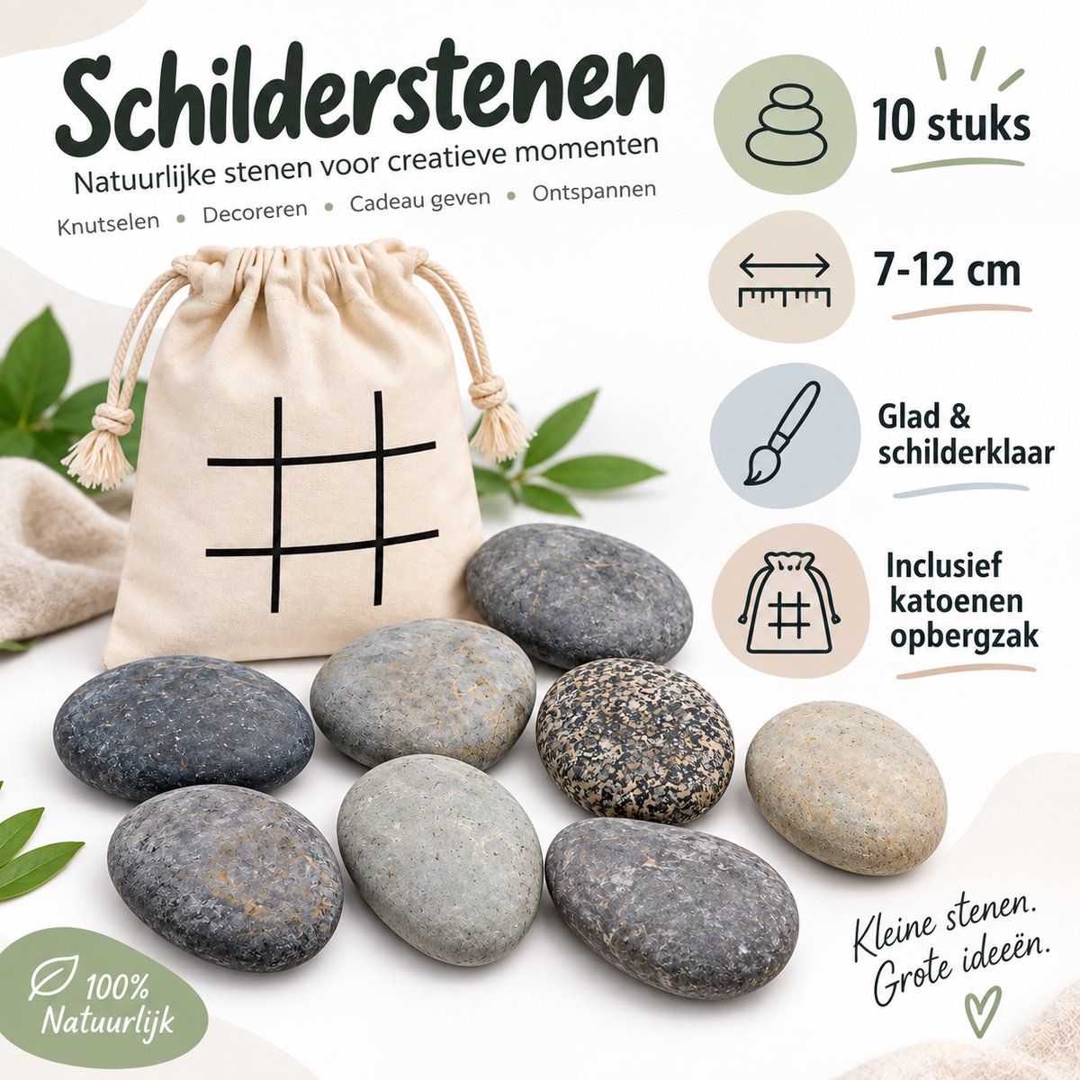 Schilderstenen 10 Stuks – Natuurlijke Keien om te Beschilderen – 7 tot 12 cm – Stenen voor Knutselen & Decoreren – Inclusief Katoenen Opbergzak - Happy Stones