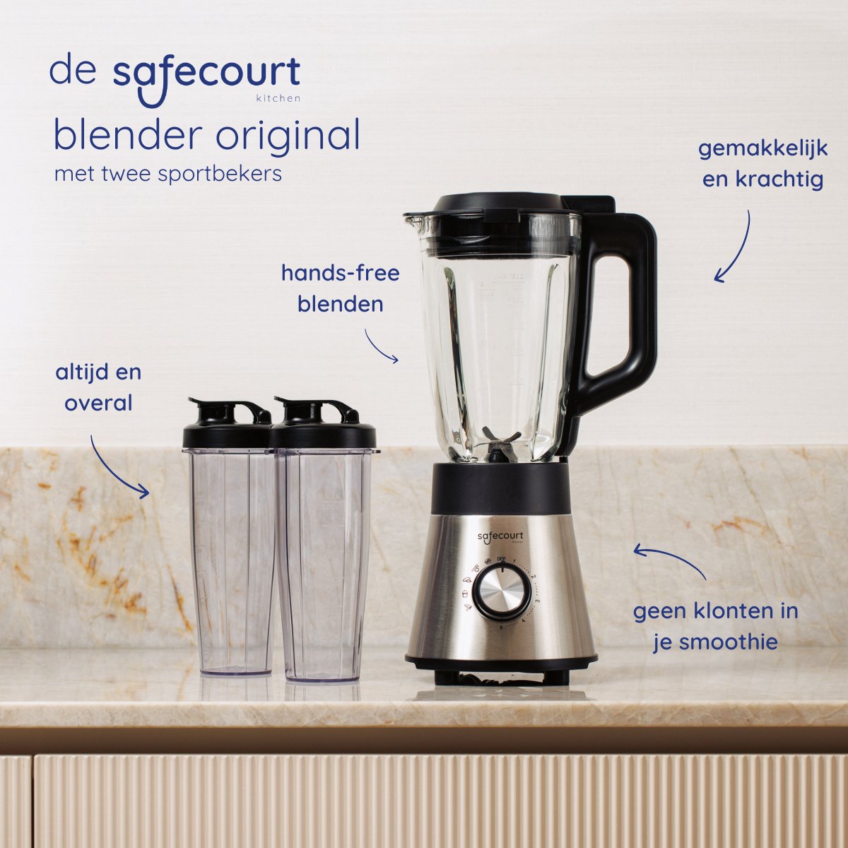 Safecourt Kitchen Power blender - 5 automatische programma's - Smoothie maker - +2 to go cups - RVS