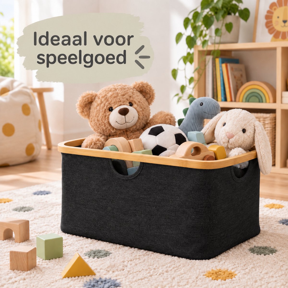 Wasmand 45 Liter – Opvouwbare Wasmand met Bamboe Rand – Wasmand Groot met Handgrepen – Stoffen Opbergmand voor Wasgoed, Speelgoed & Handdoeken – Zwart - Heupwasmand