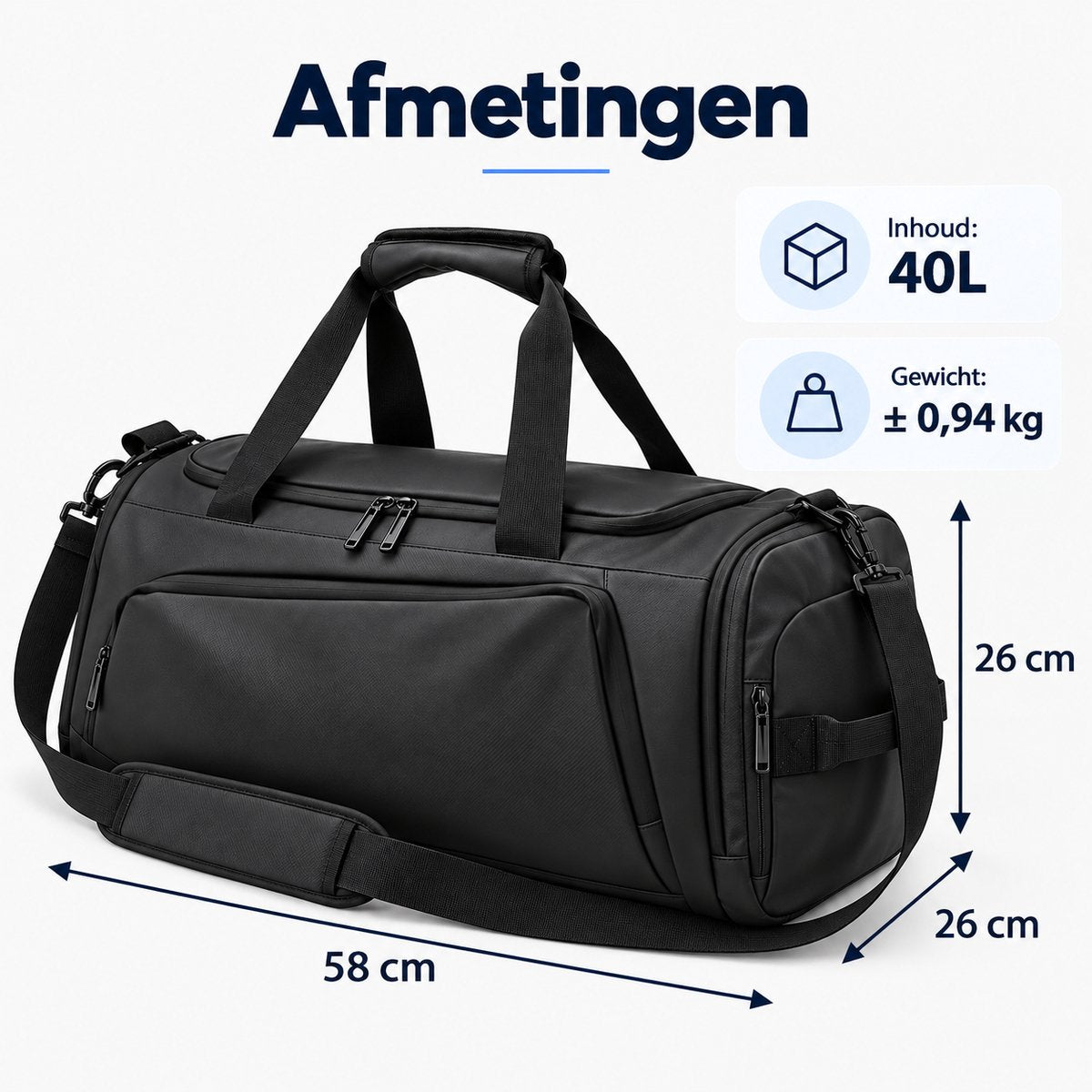 Sporttas 40L – 3-in-1 Sporttas, Reistas & Rugzak – Met Schoenenvak – Schoudertas met Rugzakbanden – Weekendtas – 58 × 26 × 26 cm – Zwart