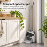 Bezem en Stoffer en Blik met Lange Steel – 4-in-1 Schoonmaakset – Staand Stofblik met Schoonmaaktanden – Vloerborstel met 180° Draaibare Kop – Compact Opbergbaar – Grijs