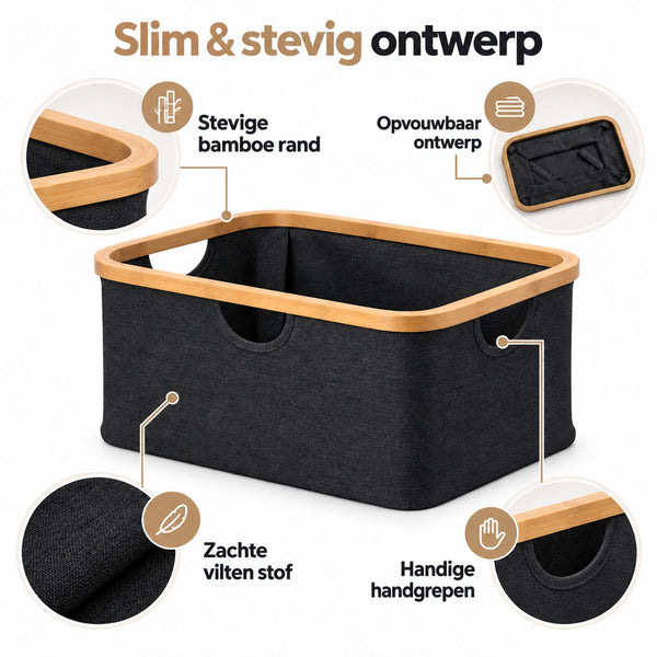 Wasmand 45 Liter – Opvouwbare Wasmand met Bamboe Rand – Wasmand Groot met Handgrepen – Stoffen Opbergmand voor Wasgoed, Speelgoed & Handdoeken – Zwart - Heupwasmand