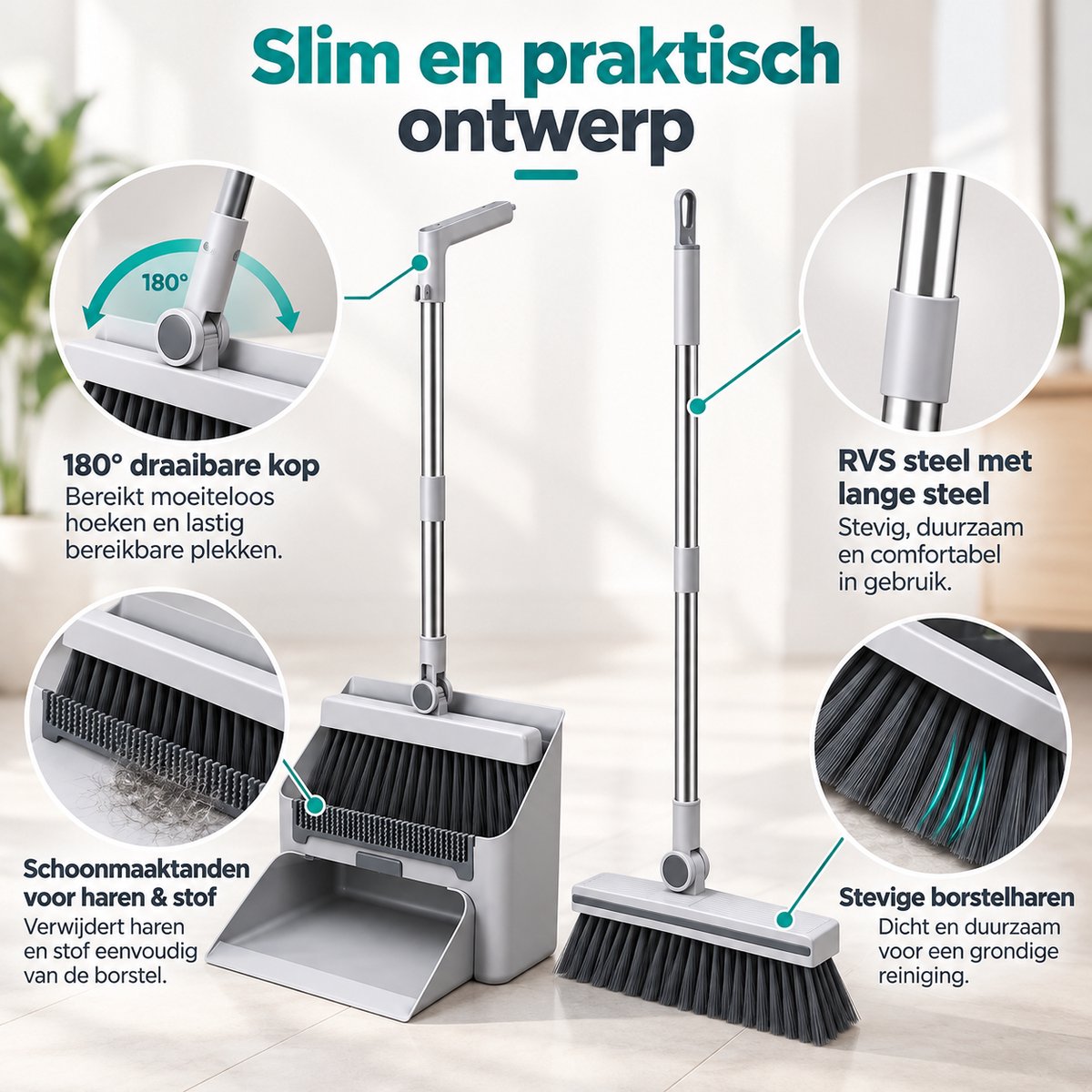 Bezem en Stoffer en Blik met Lange Steel – 4-in-1 Schoonmaakset – Staand Stofblik met Schoonmaaktanden – Vloerborstel met 180° Draaibare Kop – Compact Opbergbaar – Grijs