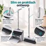 Bezem en Stoffer en Blik met Lange Steel – 4-in-1 Schoonmaakset – Staand Stofblik met Schoonmaaktanden – Vloerborstel met 180° Draaibare Kop – Compact Opbergbaar – Grijs