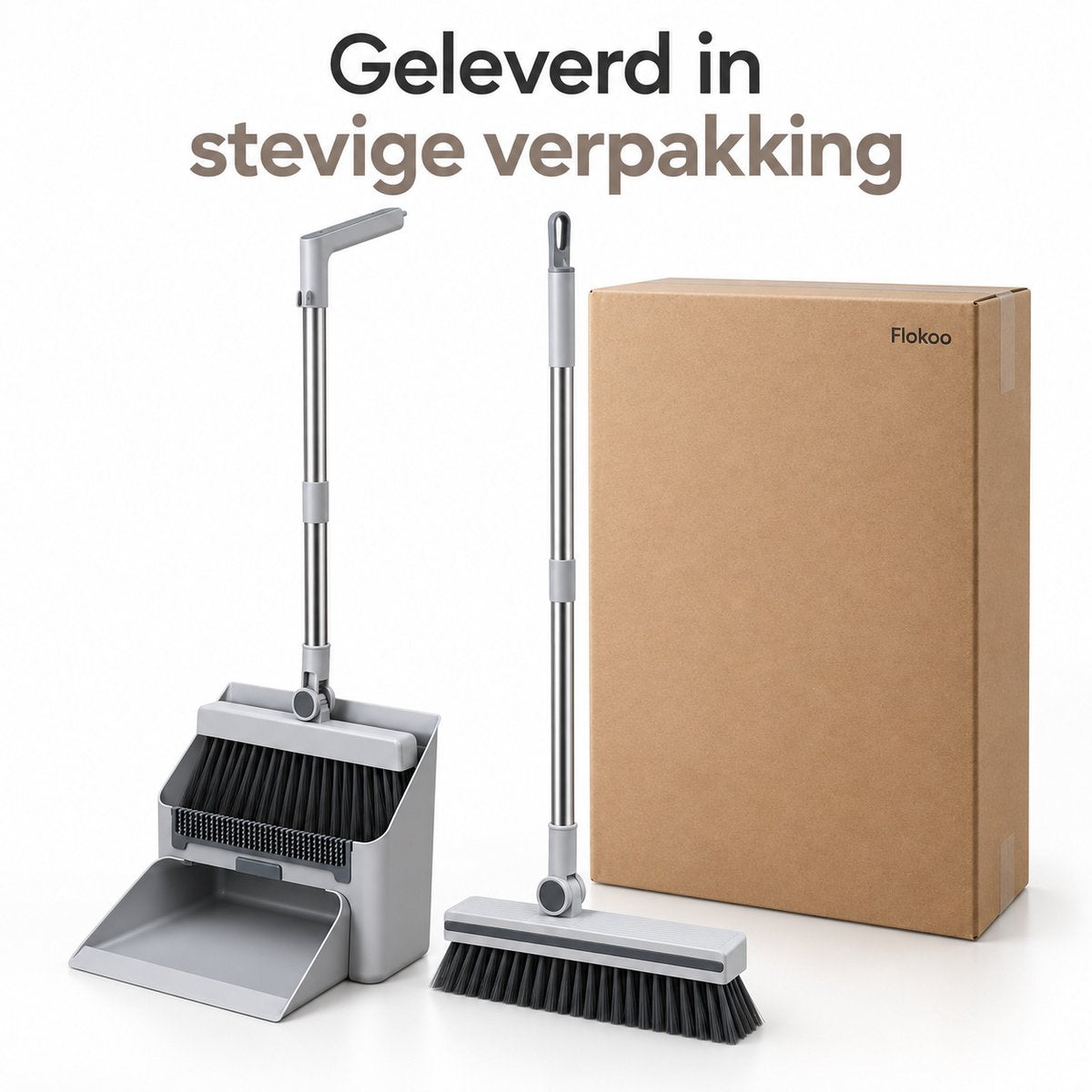 Bezem en Stoffer en Blik met Lange Steel – 4-in-1 Schoonmaakset – Staand Stofblik met Schoonmaaktanden – Vloerborstel met 180° Draaibare Kop – Compact Opbergbaar – Grijs