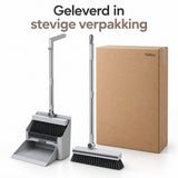 Bezem en Stoffer en Blik met Lange Steel – 4-in-1 Schoonmaakset – Staand Stofblik met Schoonmaaktanden – Vloerborstel met 180° Draaibare Kop – Compact Opbergbaar – Grijs