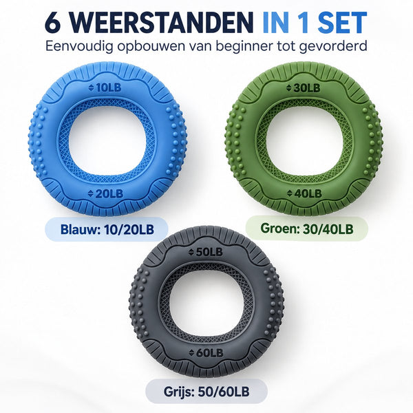 Handknijper Set van 3 – Grip Trainer met 6 Weerstanden – 10 t-m 60 LB – Handtrainer voor Grip, Handen, Polsen & Onderarmen – Siliconen - Stressbal