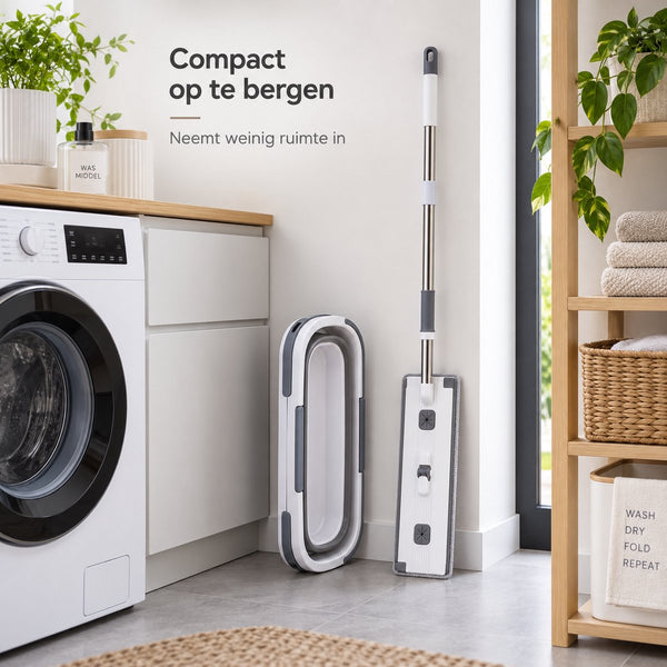 Dweilset met Emmer – Vlakmop met Opvouwbare Emmer – 360° Draaibare Mop – Telescopische Steel 127 cm – Inclusief 2 Microvezeldoeken – Wit-Grijs - Dwijl