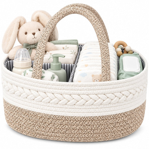Luiermand voor Commode – Baby Organizer met Uitneembare Vakken – Commodemandje met Handvatten – 36 x 22 x 18 cm – Opbergmand voor Luiers, Doekjes & Babyverzorging – Beige
